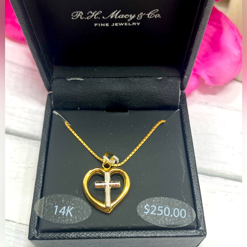 NWT 14k yellow gold and white gold cross heart pendant necklace fine jewelry